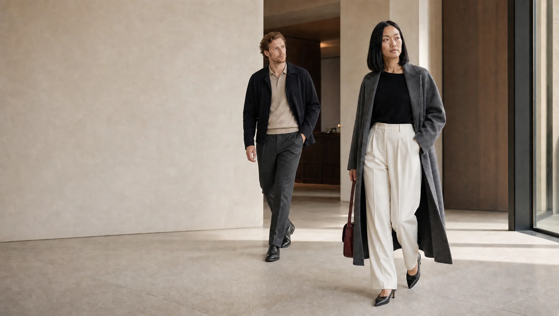 Maya and Theo moving through a refined contemporary interior