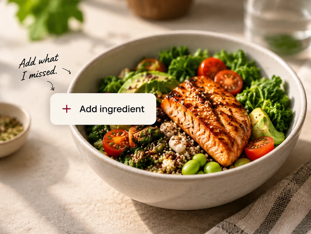NutriPilot meal correction concept with salmon bowl and add ingredient control