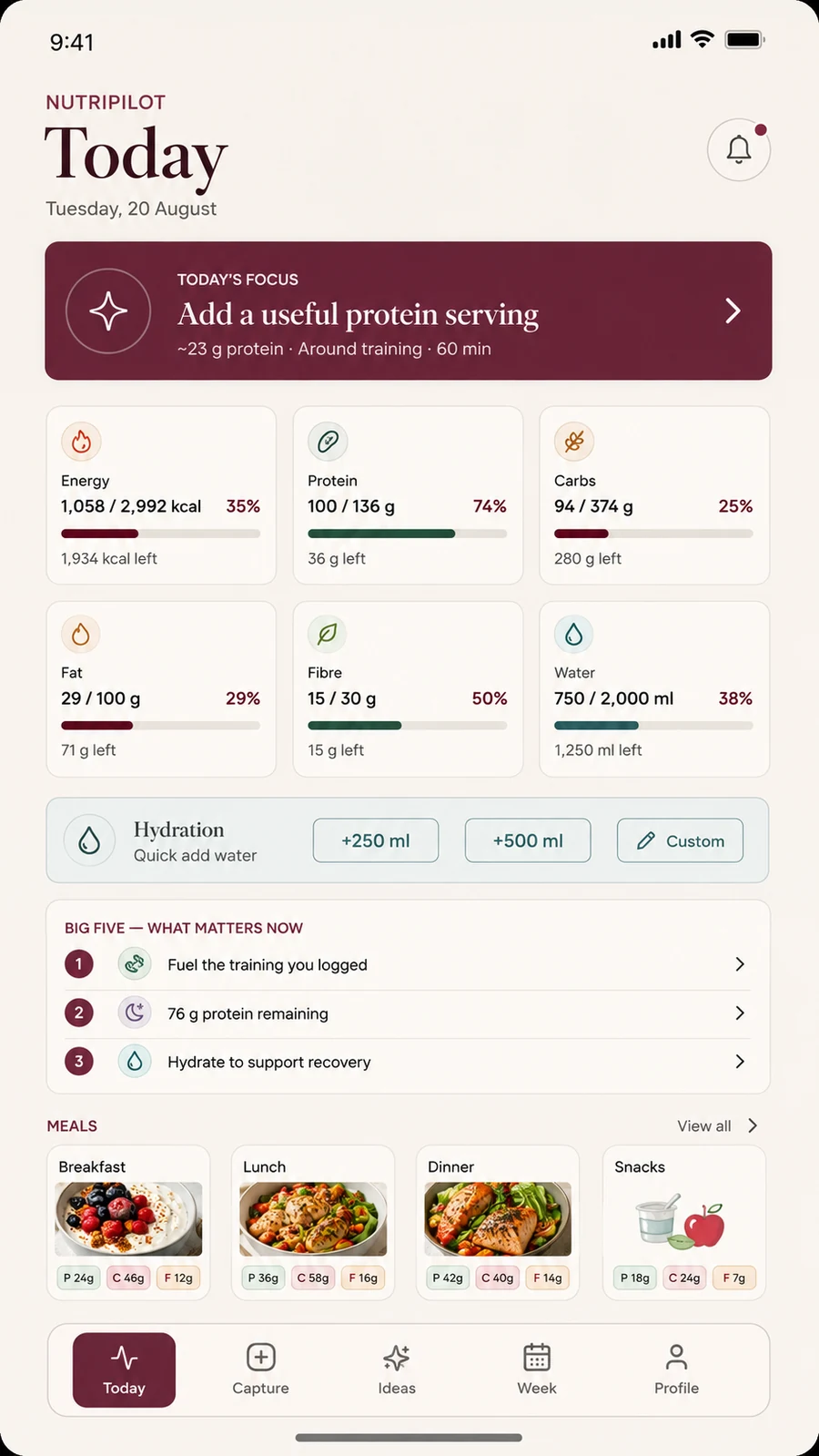 NutriPilot Today screen showing personalised targets and What Matters Now guidance